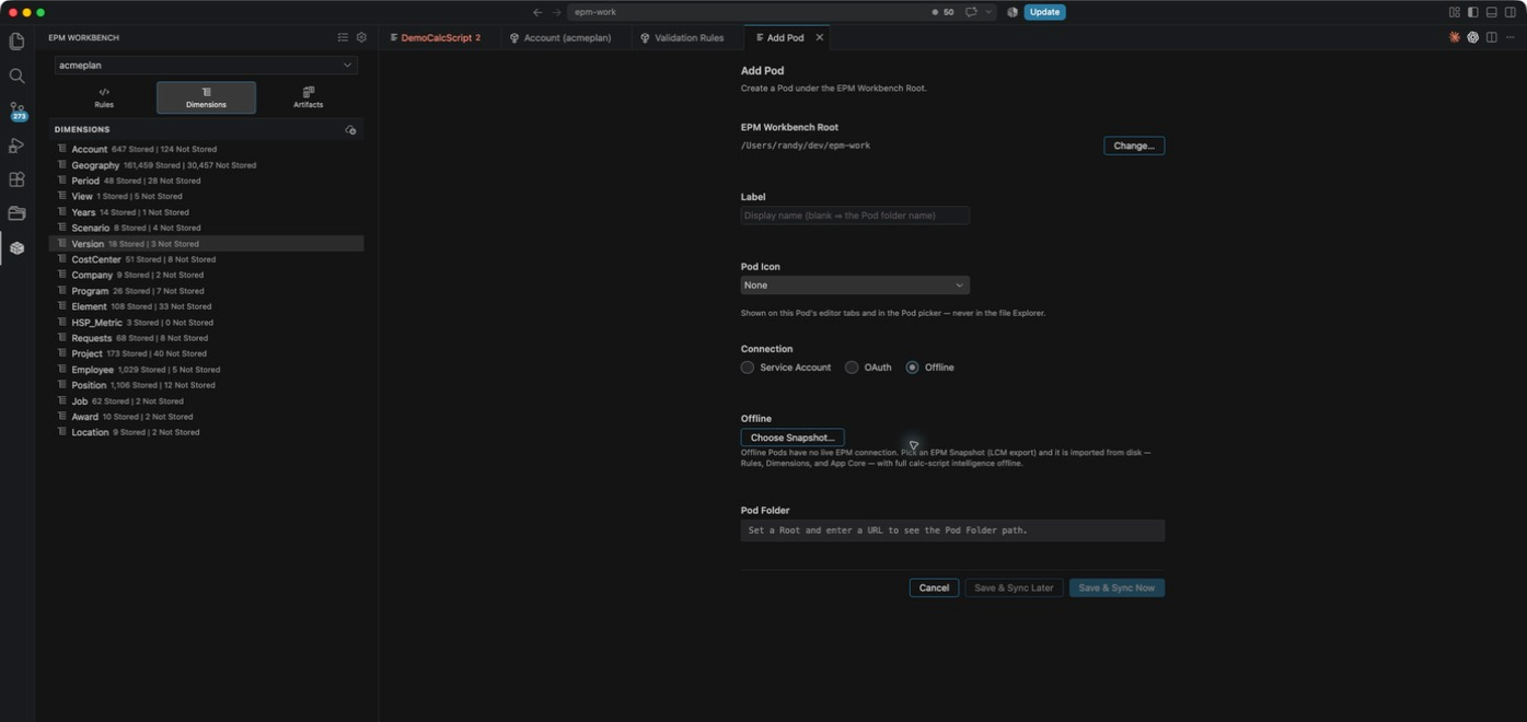 The Add Pod editor with Offline selected, showing only the Choose Snapshot button