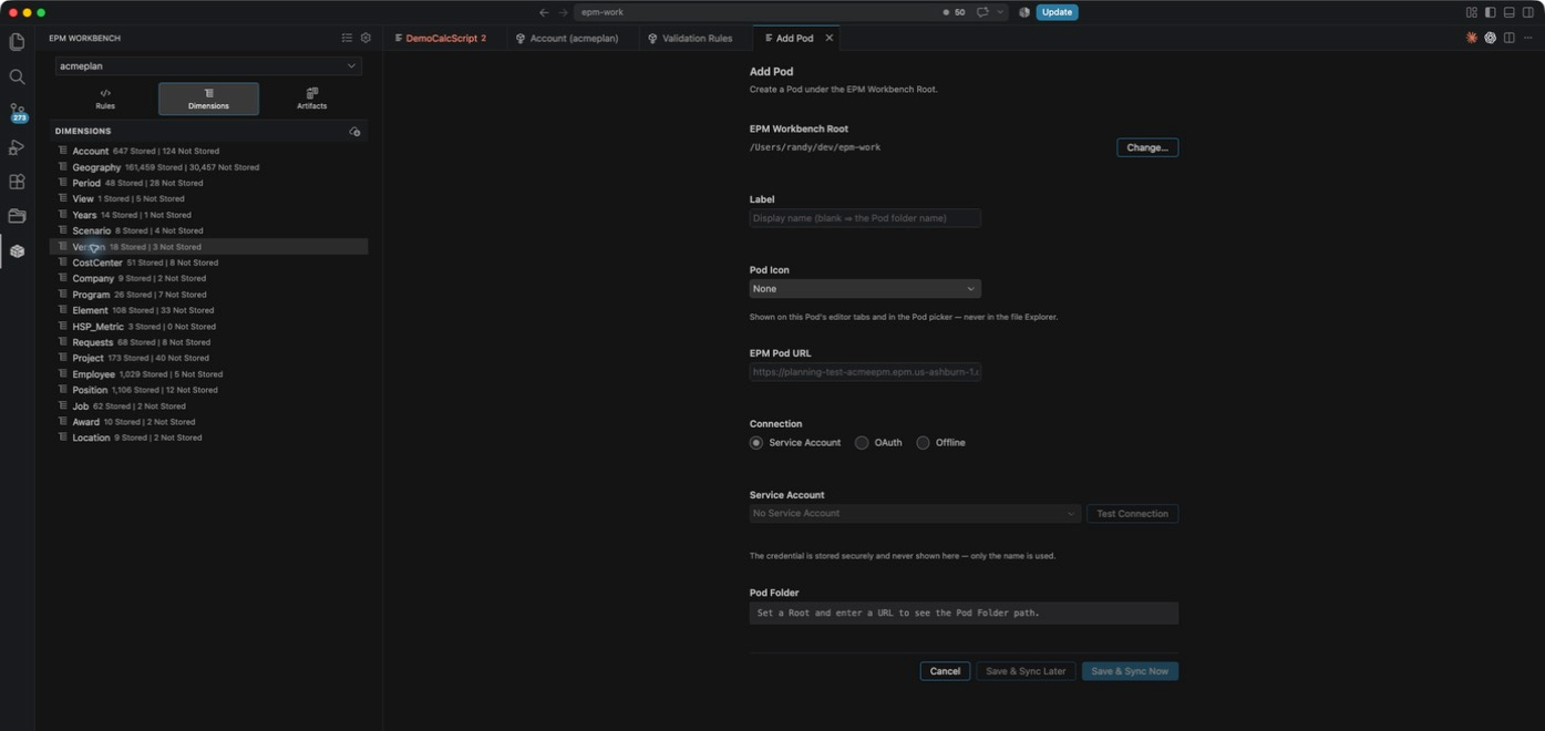 The Add Pod editor with the EPM Workbench Root, Label, Pod URL, and Connection fields