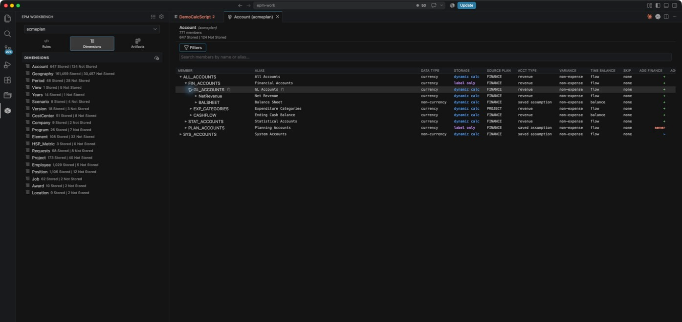 The Account dimension open in the viewer, with the member tree expanded and property columns beside the Dimensions tab