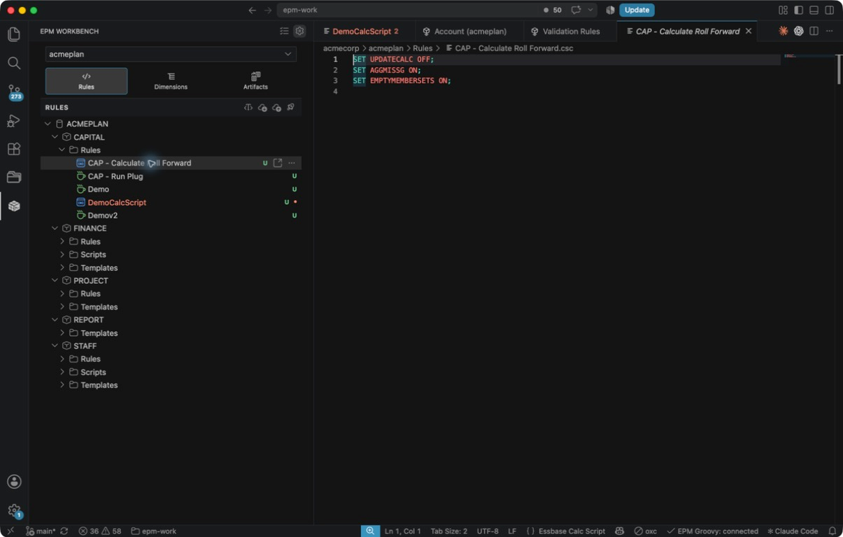 The EPM Workbench sidebar with the acmeplan tree expanded to its rules, one open in the editor