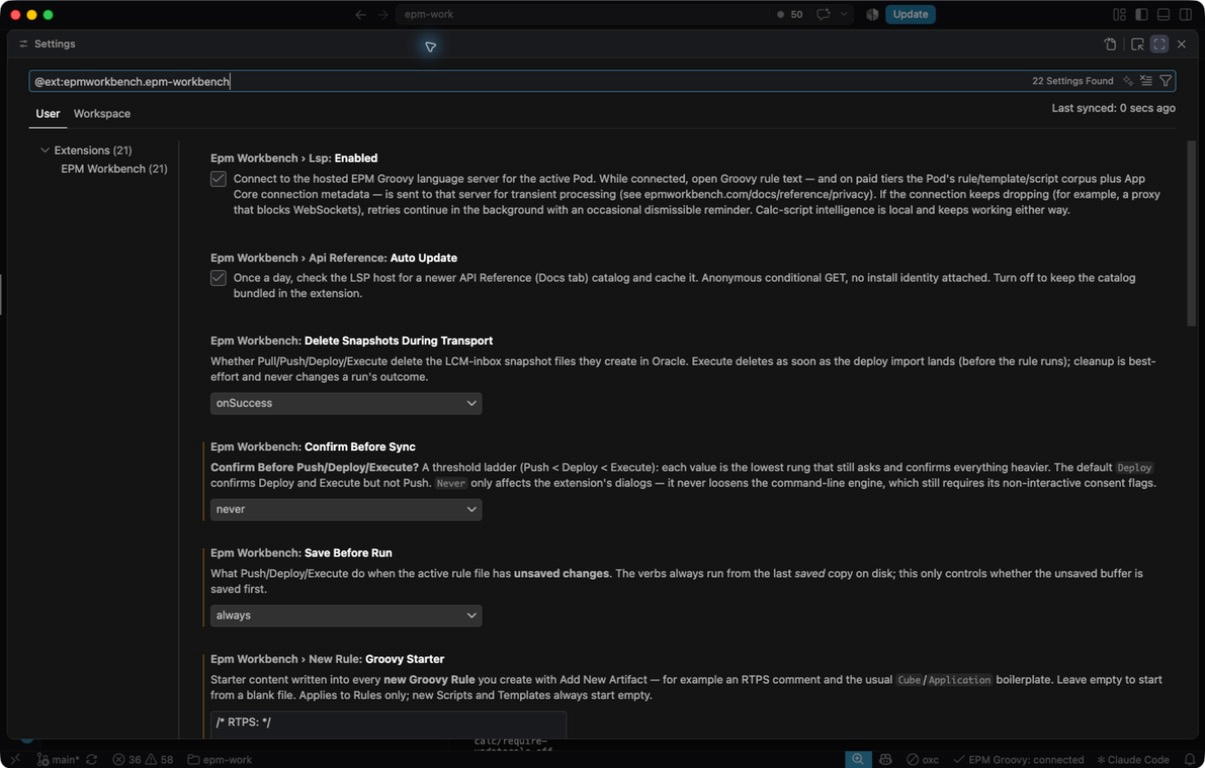 The VS Code Settings editor filtered to the EPM Workbench extension