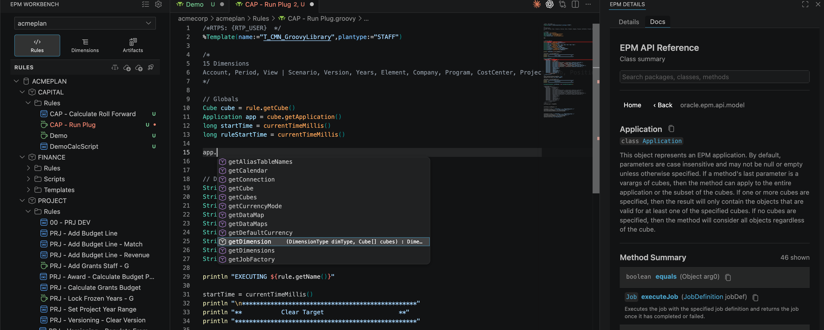 EPM Workbench open in VS Code with Groovy completion and the EPM API reference